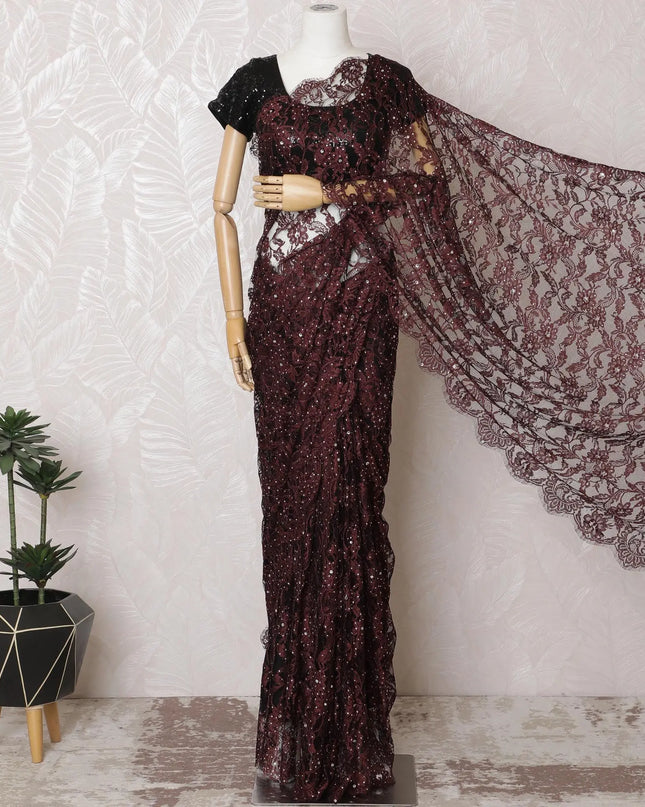 Elegant Maroon & Black French Lace Saree with Stone Work - 110cm Wide, 5.5m Length-D17808 Regal Fabrics