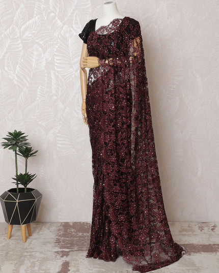 Elegant Maroon & Black French Lace Saree with Stone Work - 110cm Wide, 5.5m Length-D17808 Regal Fabrics