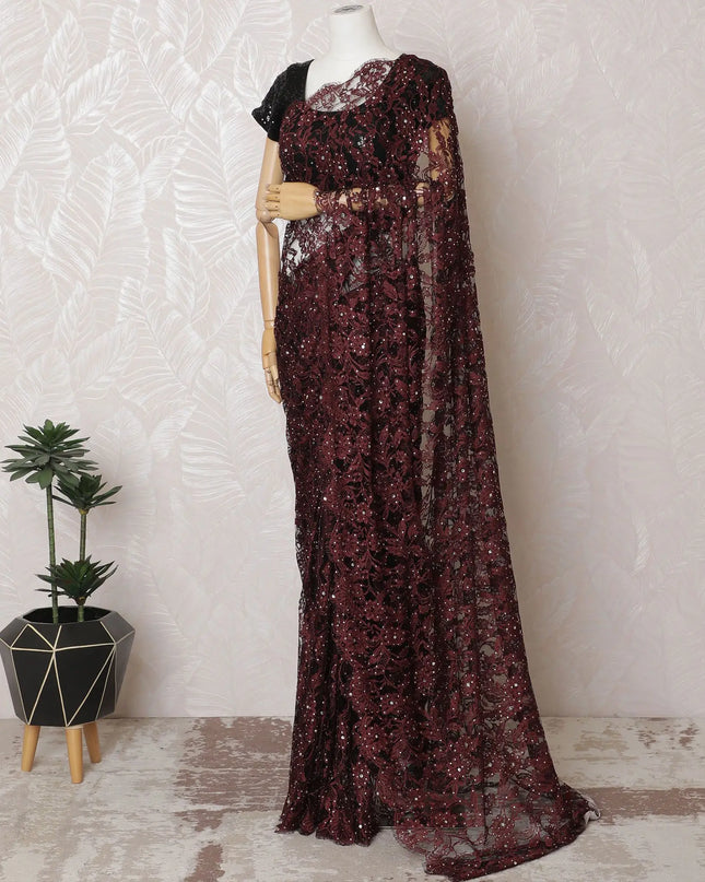 Elegant Maroon & Black French Lace Saree with Stone Work - 110cm Wide, 5.5m Length-D17808 Regal Fabrics
