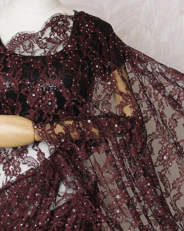 Elegant Maroon & Black French Lace Saree with Stone Work - 110cm Wide, 5.5m Length-D17808 Regal Fabrics