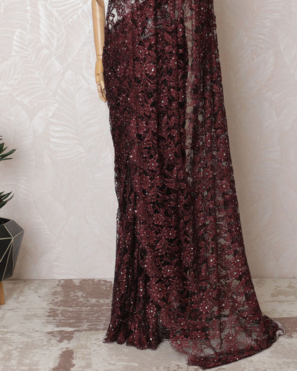 Elegant Maroon & Black French Lace Saree with Stone Work - 110cm Wide, 5.5m Length-D17808 Regal Fabrics