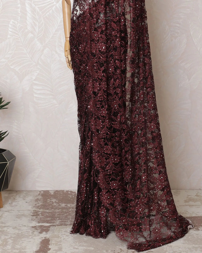 Elegant Maroon & Black French Lace Saree with Stone Work - 110cm Wide, 5.5m Length-D17808 Regal Fabrics