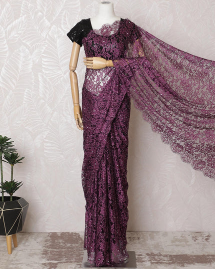Plum & Lavender French Lace Saree with Stone Embellishments - 110cm, 5.5m-D17809 Regal Fabrics