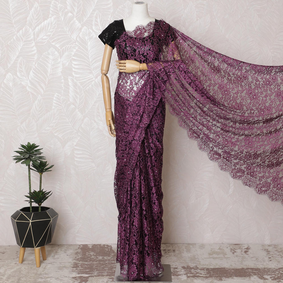 Plum & Lavender French Lace Saree with Stone Embellishments - 110cm, 5.5m-D17809 Regal Fabrics