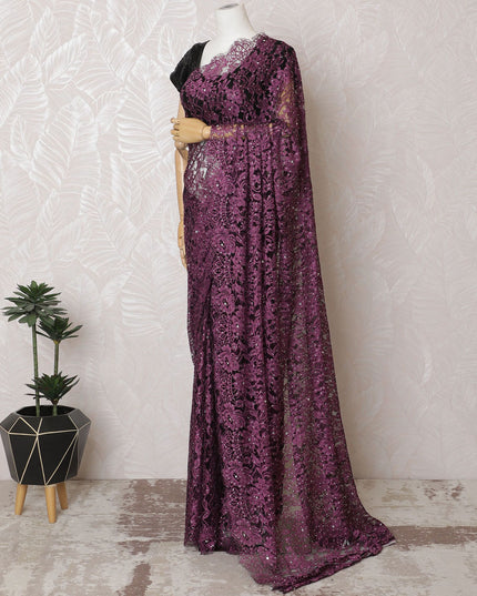 Plum & Lavender French Lace Saree with Stone Embellishments - 110cm, 5.5m-D17809 Regal Fabrics