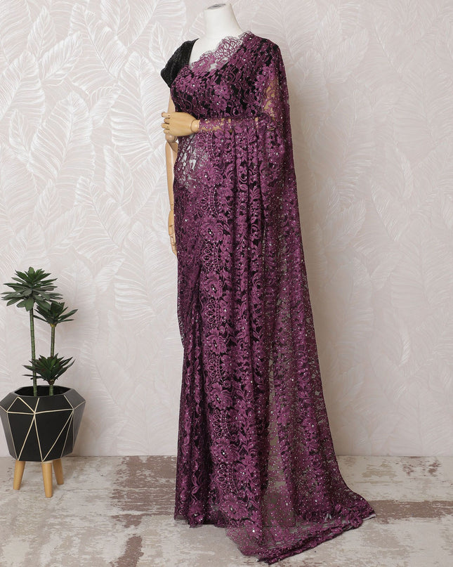 Plum & Lavender French Lace Saree with Stone Embellishments - 110cm, 5.5m-D17809