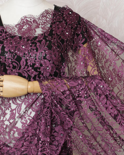 Plum & Lavender French Lace Saree with Stone Embellishments - 110cm, 5.5m-D17809 Regal Fabrics