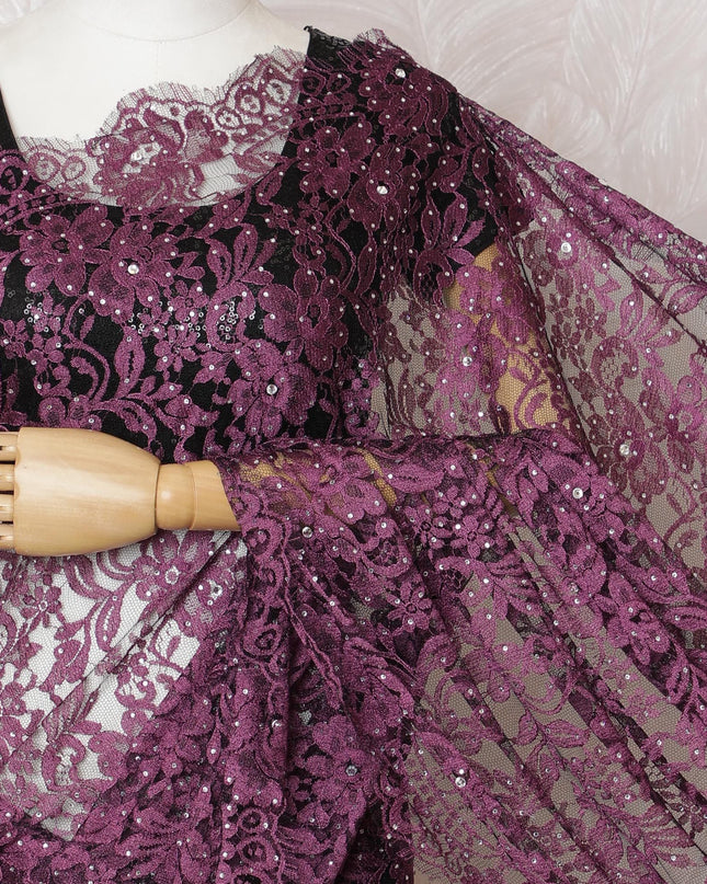 Plum & Lavender French Lace Saree with Stone Embellishments - 110cm, 5.5m-D17809
