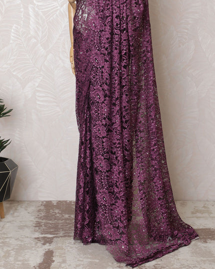 Plum & Lavender French Lace Saree with Stone Embellishments - 110cm, 5.5m-D17809 Regal Fabrics