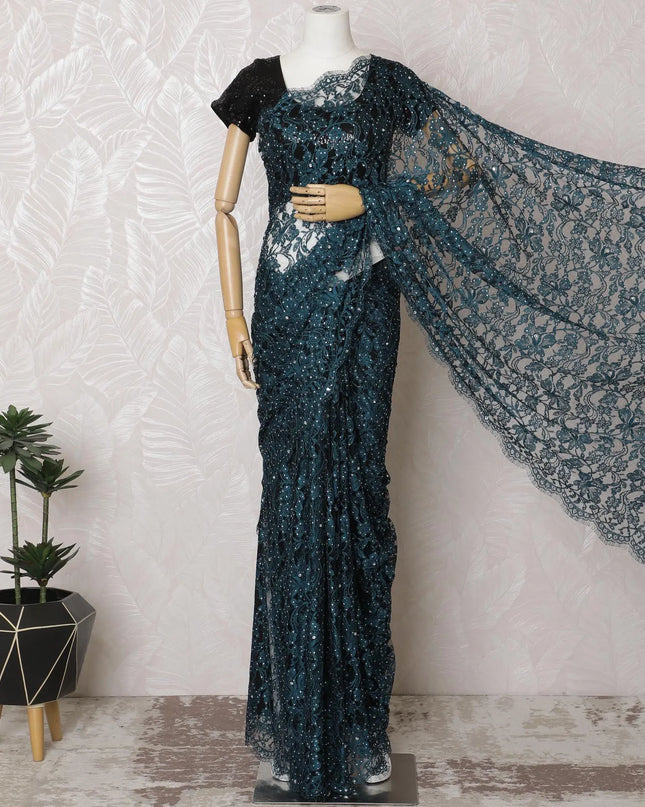 French Two-Tone Lace Saree with Exquisite Stone Work, Teal & Black, 110cm Width, 5.5m Length – Blouse Piece Not Included-D17811 Regal Fabrics