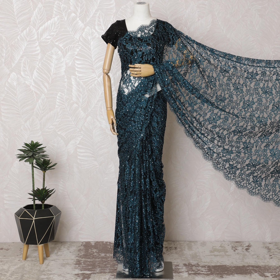 French Two-Tone Lace Saree with Exquisite Stone Work, Teal & Black, 110cm Width, 5.5m Length – Blouse Piece Not Included-D17811