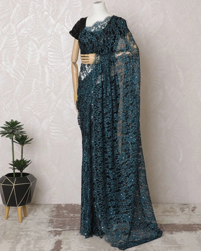 French Two-Tone Lace Saree with Exquisite Stone Work, Teal & Black, 110cm Width, 5.5m Length – Blouse Piece Not Included-D17811 Regal Fabrics
