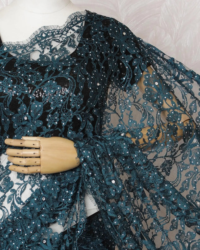 French Two-Tone Lace Saree with Exquisite Stone Work, Teal & Black, 110cm Width, 5.5m Length – Blouse Piece Not Included-D17811 Regal Fabrics
