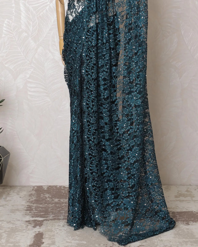 French Two-Tone Lace Saree with Exquisite Stone Work, Teal & Black, 110cm Width, 5.5m Length – Blouse Piece Not Included-D17811 Regal Fabrics