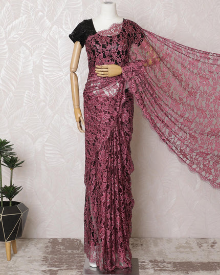Elegant Bordeaux Two-Tone Lace Saree with Sparkling Stone Work, Made in France, 110cm Width, 5.5m Length – Exclusive Blouse Piece Not Included-D17812 Regal Fabrics
