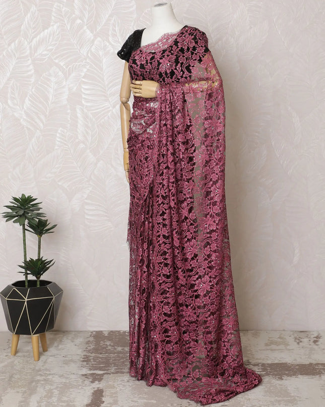 Elegant Bordeaux Two-Tone Lace Saree with Sparkling Stone Work, Made in France, 110cm Width, 5.5m Length – Exclusive Blouse Piece Not Included-D17812 Regal Fabrics