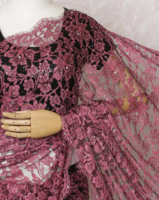 Elegant Bordeaux Two-Tone Lace Saree with Sparkling Stone Work, Made in France, 110cm Width, 5.5m Length – Exclusive Blouse Piece Not Included-D17812 Regal Fabrics