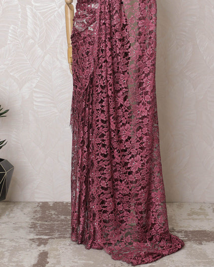 Elegant Bordeaux Two-Tone Lace Saree with Sparkling Stone Work, Made in France, 110cm Width, 5.5m Length – Exclusive Blouse Piece Not Included-D17812 Regal Fabrics