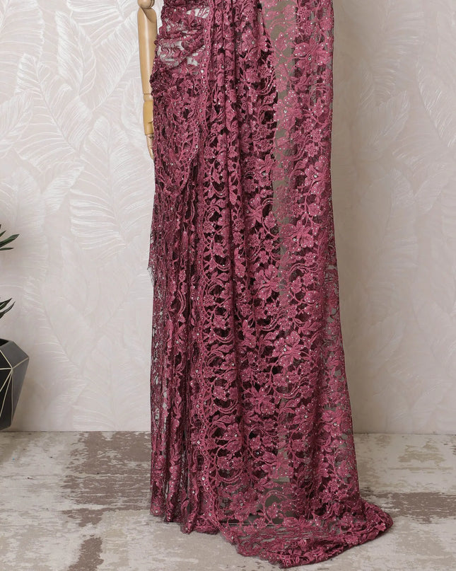 Elegant Bordeaux Two-Tone Lace Saree with Sparkling Stone Work, Made in France, 110cm Width, 5.5m Length – Exclusive Blouse Piece Not Included-D17812 Regal Fabrics