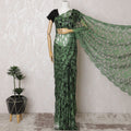 ساري أنيق من الدانتيل بلونين زمردي وأسود مع عمل حجري أنيق، تصميم فرنسي، عرض 110 سم، طول 5.5 متر - البلوزة غير متضمنة-D17813