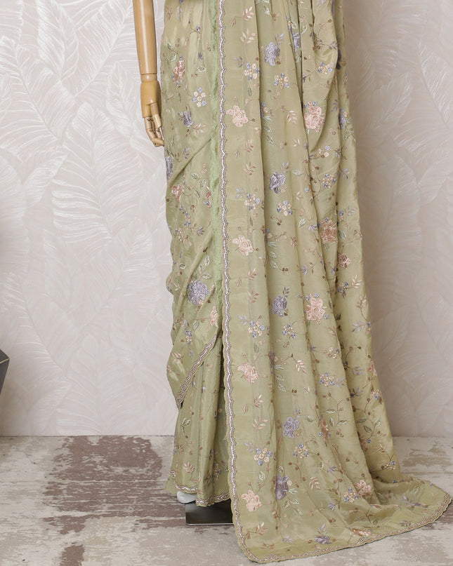 Enchanted Olive Synthetic Chiffon Saree with Pastel Embroidery, 110cm Width - 5.5m Graceful Drape, Blouse Not Included-D17814