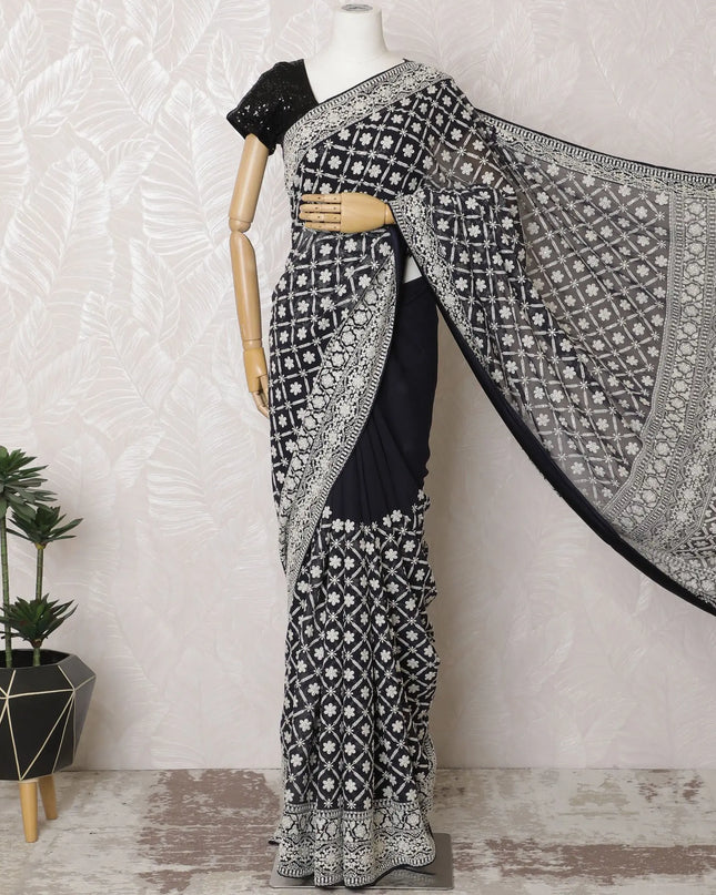 Ebony and Ivory Silk Georgette Saree with Classic Print, 110cm Width - 5.5m Flowing Elegance, Blouse Not Included-D17815 Regal Fabrics