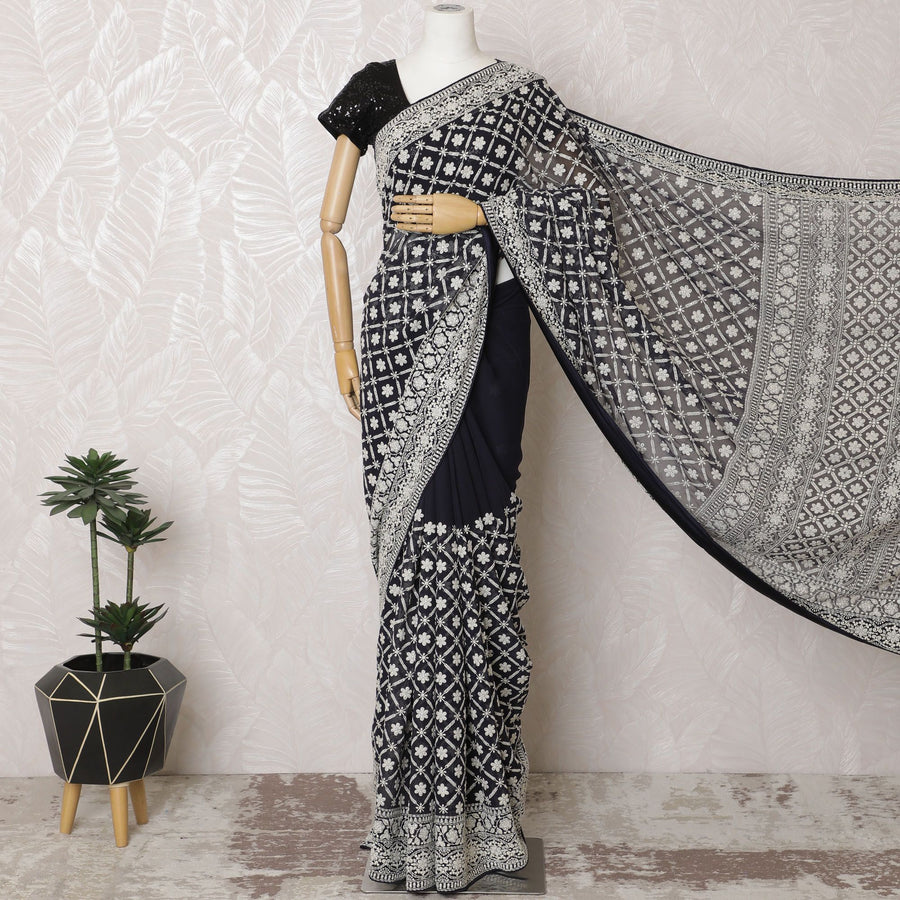 Ebony and Ivory Silk Georgette Saree with Classic Print, 110cm Width - 5.5m Flowing Elegance, Blouse Not Included-D17815