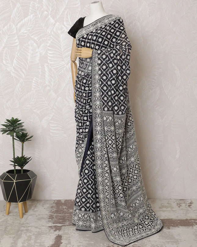 Ebony and Ivory Silk Georgette Saree with Classic Print, 110cm Width - 5.5m Flowing Elegance, Blouse Not Included-D17815 Regal Fabrics