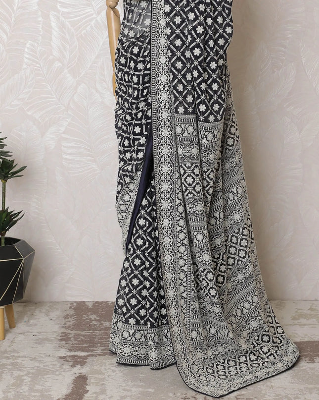 Ebony and Ivory Silk Georgette Saree with Classic Print, 110cm Width - 5.5m Flowing Elegance, Blouse Not Included-D17815 Regal Fabrics