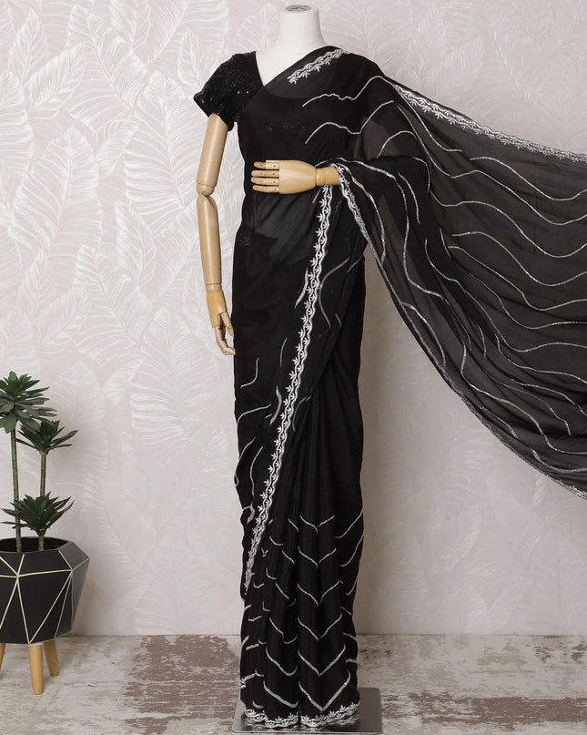 Midnight Shimmer Chiffon Saree with Silver Wave Accents, 110cm Width - 5.5m of Sophisticated Drape, Blouse Not Included-D17818 Regal Fabrics