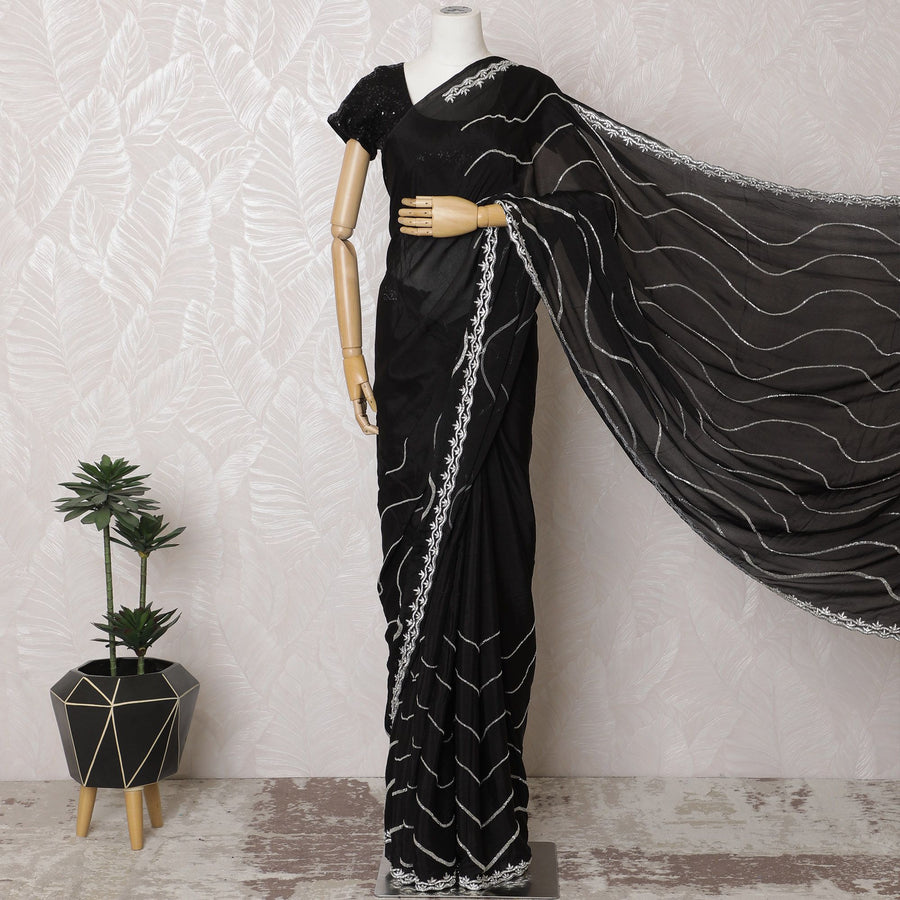 Midnight Shimmer Chiffon Saree with Silver Wave Accents, 110cm Width - 5.5m of Sophisticated Drape, Blouse Not Included-D17818