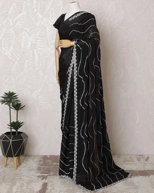 Midnight Shimmer Chiffon Saree with Silver Wave Accents, 110cm Width - 5.5m of Sophisticated Drape, Blouse Not Included-D17818 Regal Fabrics