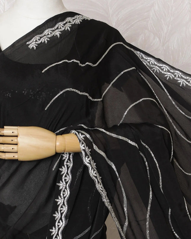 Midnight Shimmer Chiffon Saree with Silver Wave Accents, 110cm Width - 5.5m of Sophisticated Drape, Blouse Not Included-D17818 Regal Fabrics
