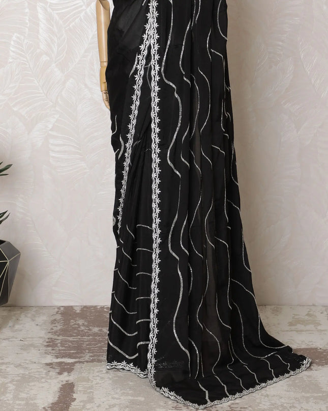 Midnight Shimmer Chiffon Saree with Silver Wave Accents, 110cm Width - 5.5m of Sophisticated Drape, Blouse Not Included-D17818 Regal Fabrics
