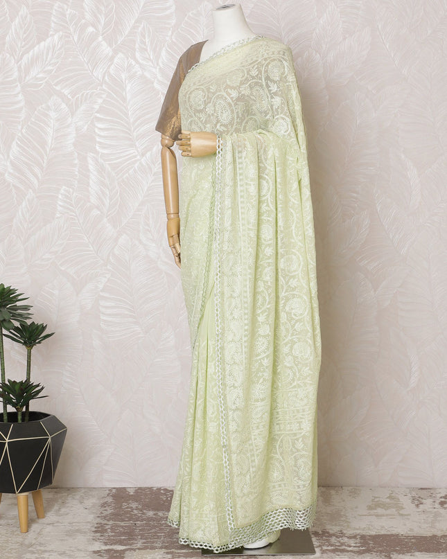 Lime Mist Silk Georgette Saree with Intricate Embroidery, 110cm Width - 5.5m of Sheer Luxury, Blouse Not Included-D17819