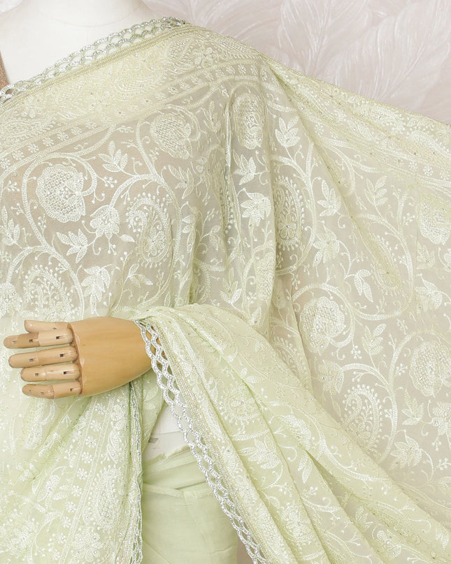 Lime Mist Silk Georgette Saree with Intricate Embroidery, 110cm Width - 5.5m of Sheer Luxury, Blouse Not Included-D17819