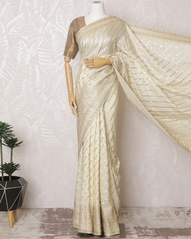 Elegant Cream Art Silk Saree - 110cm Width, 5.5m Length - Exquisite Gold Detailing - Blouse Not Included-D17820