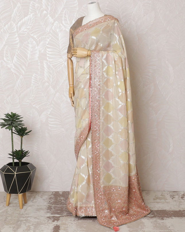 Elegant Beige Art Silk Saree with Delicate Embroidery and Stoning, Traditional Indian Attire, 110cm Width-D17821