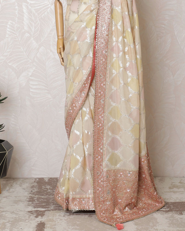 Elegant Beige Art Silk Saree with Delicate Embroidery and Stoning, Traditional Indian Attire, 110cm Width-D17821