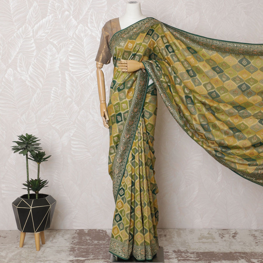 Traditional Olive Green Silk Georgette Saree with Rich Embroidery, 110cm Width, Crafted in India (Blouse not included)-D17822