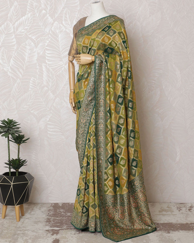 Traditional Olive Green Silk Georgette Saree with Rich Embroidery, 110cm Width, Crafted in India (Blouse not included)-D17822
