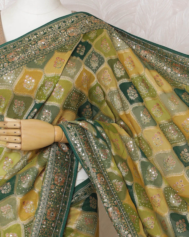 Traditional Olive Green Silk Georgette Saree with Rich Embroidery, 110cm Width, Crafted in India (Blouse not included)-D17822