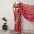 Luxurious Ruby Red Art Silk Chiffon Saree with Silver Detailing, 110cm Width, Indian Craftsmanship (Blouse not included)-D17823
