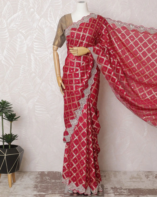 Luxurious Ruby Red Art Silk Chiffon Saree with Silver Detailing, 110cm Width, Indian Craftsmanship (Blouse not included)-D17823 Regal Fabrics