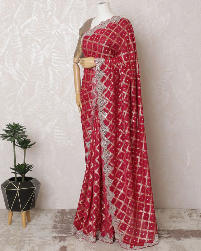 Luxurious Ruby Red Art Silk Chiffon Saree with Silver Detailing, 110cm Width, Indian Craftsmanship (Blouse not included)-D17823 Regal Fabrics