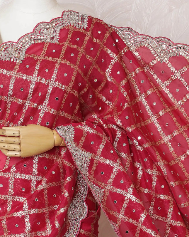 Luxurious Ruby Red Art Silk Chiffon Saree with Silver Detailing, 110cm Width, Indian Craftsmanship (Blouse not included)-D17823 Regal Fabrics