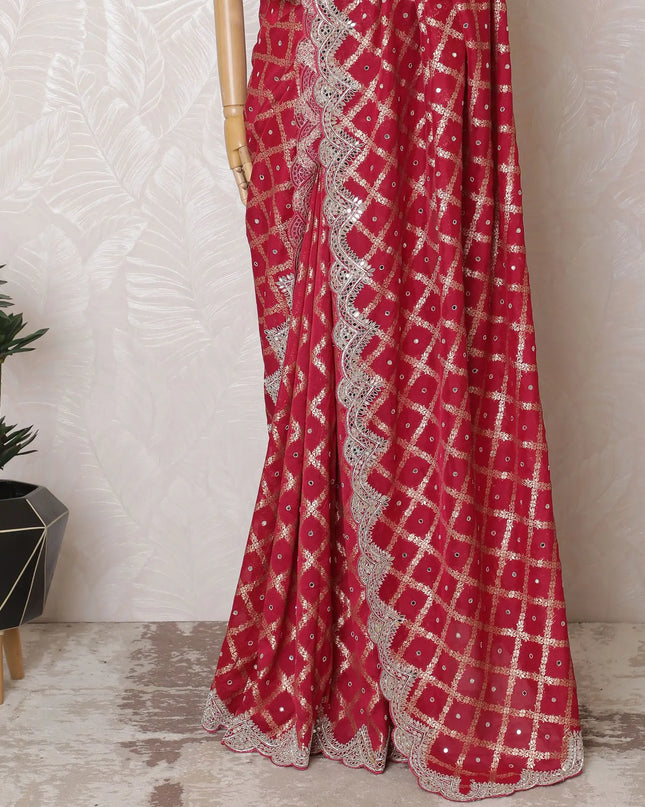 Luxurious Ruby Red Art Silk Chiffon Saree with Silver Detailing, 110cm Width, Indian Craftsmanship (Blouse not included)-D17823 Regal Fabrics