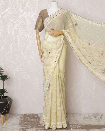 Elegant Cream Silk Georgette Saree with Delicate Embroidery & Sequin Detailing, 110 cm Width - Made in India (Blouse Not Included)-D17824 Regal Fabrics
