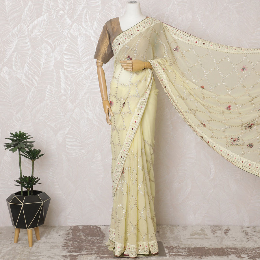 Elegant Cream Silk Georgette Saree with Delicate Embroidery & Sequin Detailing, 110 cm Width - Made in India (Blouse Not Included)-D17824 Regal Fabrics