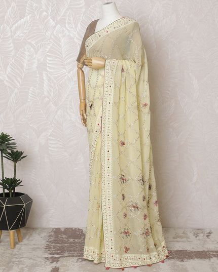 Elegant Cream Silk Georgette Saree with Delicate Embroidery & Sequin Detailing, 110 cm Width - Made in India (Blouse Not Included)-D17824 Regal Fabrics